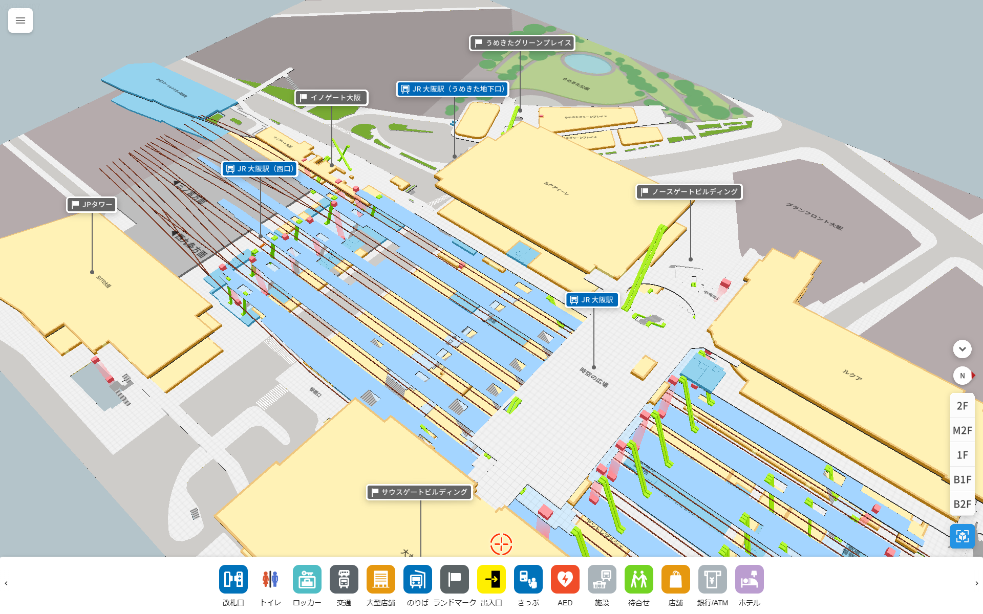 3Dインドアマップによる立体的なルート案内の表示イメージ
