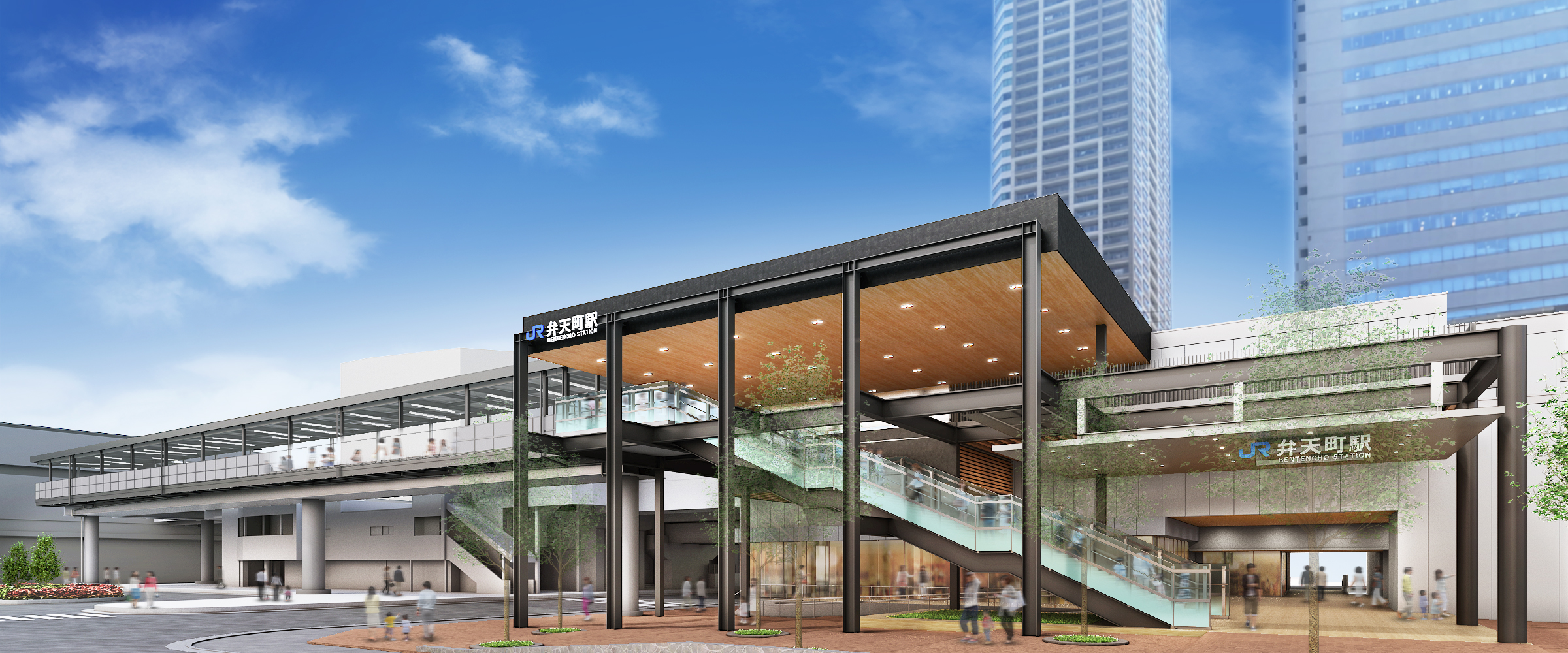 JR井手天町駅の駅舎と周辺都市の3D CGパース